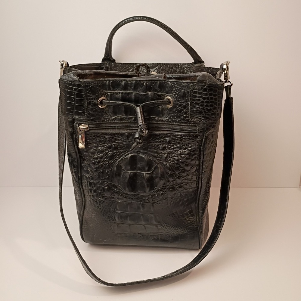 Besso Black Crocodile Embossed Leather Drawstring and Snap Close Bag  w/ Strap